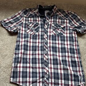 Buffalo Men’s Short-Sleeve Plaid Button-Up Shirt in Navy, White & Red